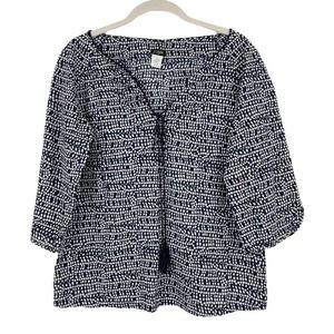 J.CREW Cotton Blouse Top 3/4 SleeveTassel V-neck Navy White - Size Small